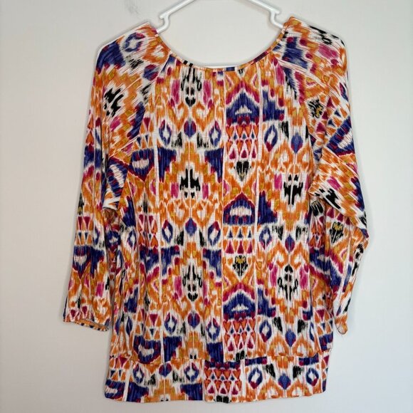 CHICO'S Aztec Design Top Womens L Colorful Bottom Waist Band 3/4 Sleeve - Picture 3 of 7